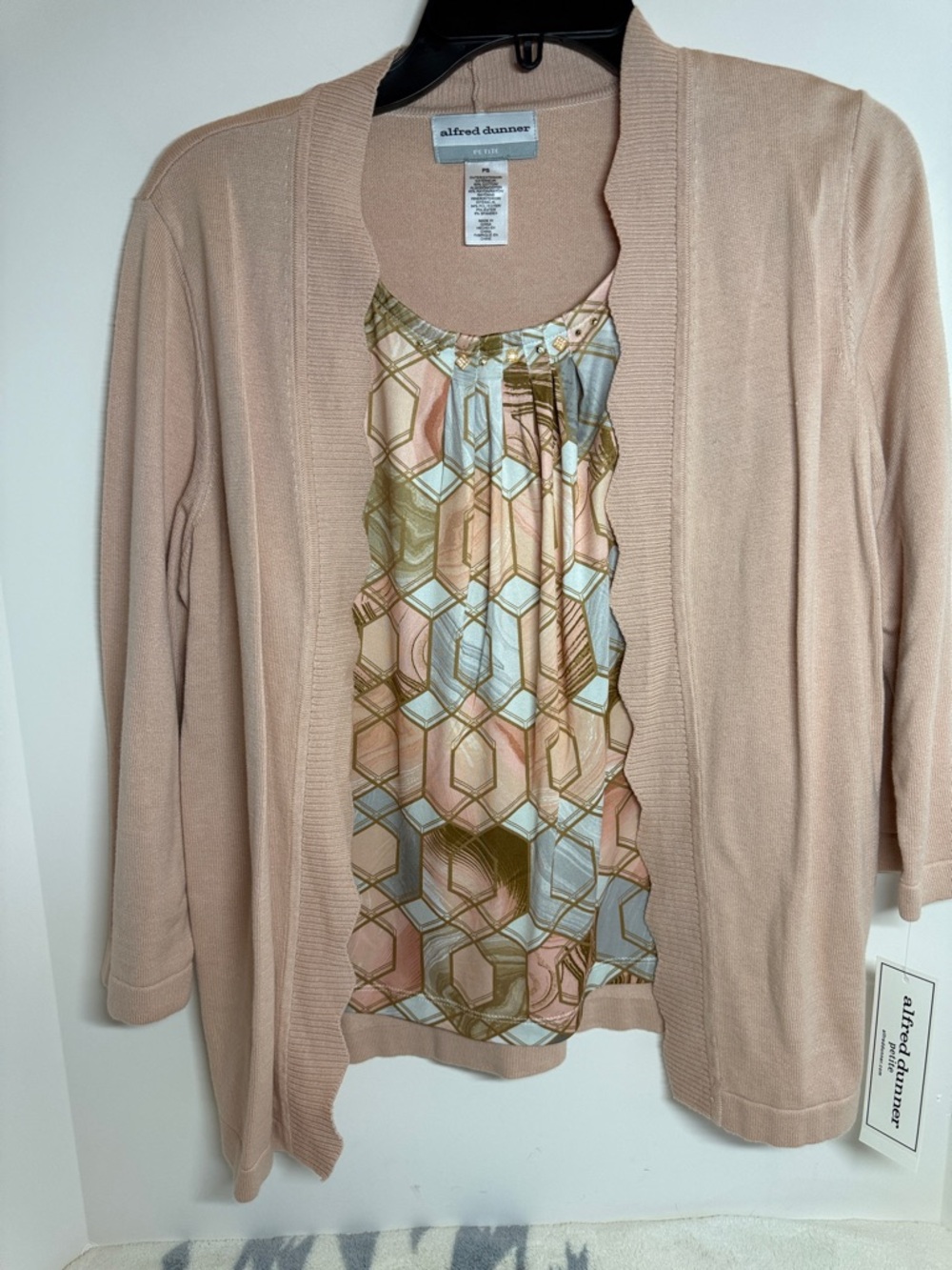 Alfred Dunner Blush Layered Cardigan with Geometric Print Panel